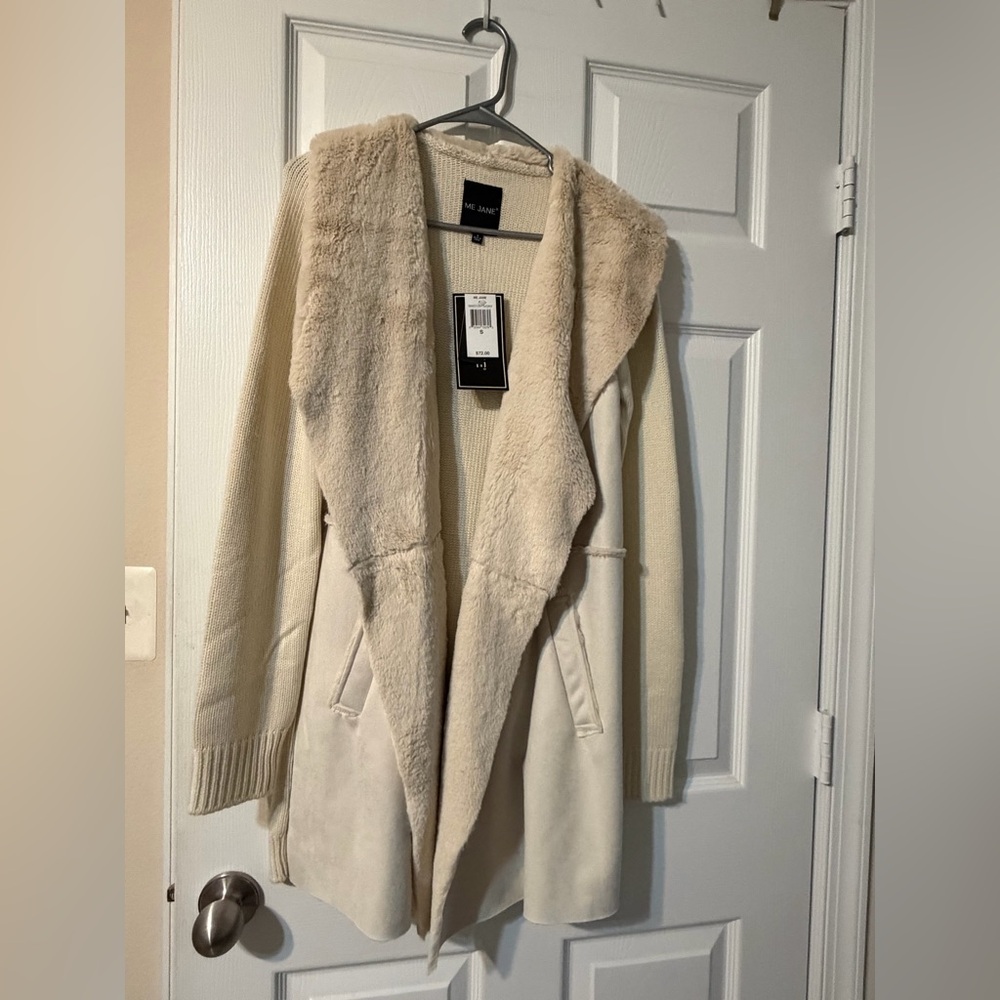 Me Jane Cream Faux Fur Open Front Cardigan